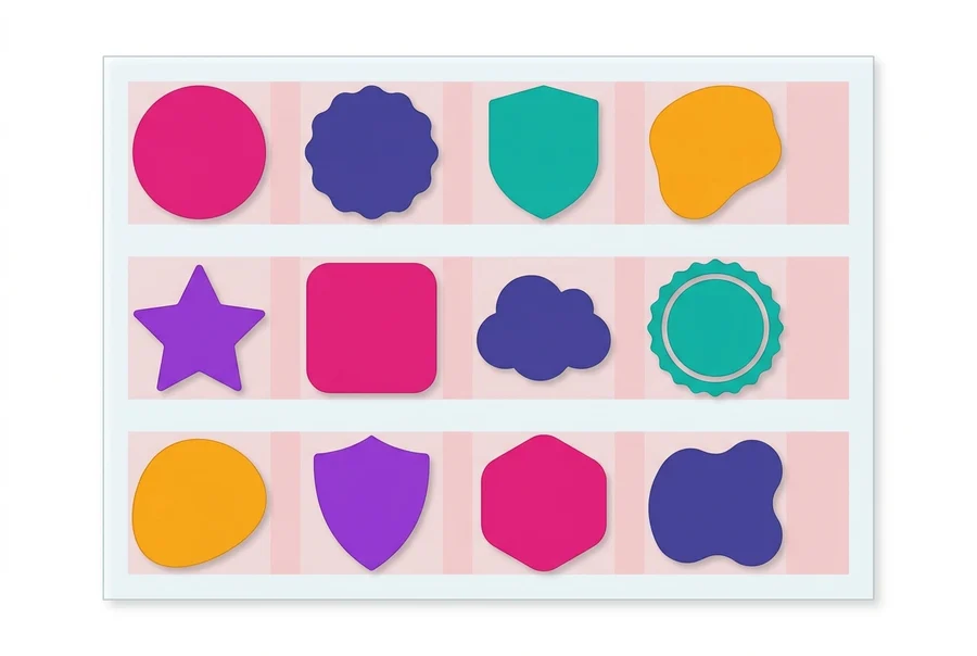 Loose grid layout: mixed shapes placed in fixed rows leaving large wasted gaps of blank film